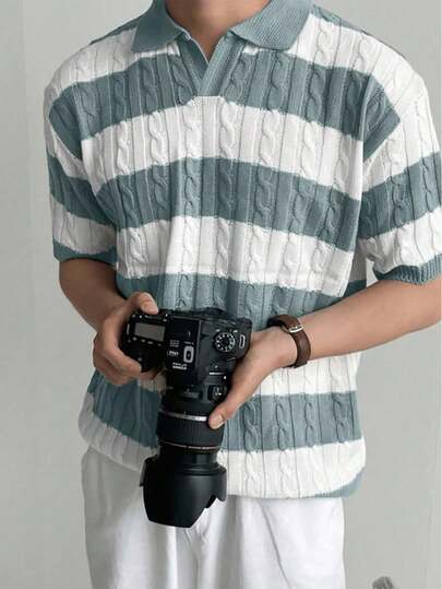Claim Dot Men Striped Short Sleeve Knitted Polo Shirt For Spring And Summer