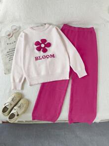 秋冬款女童字母花卉印花长袖毛衣和针织裤休闲套装 - 彩色 - 查看 1