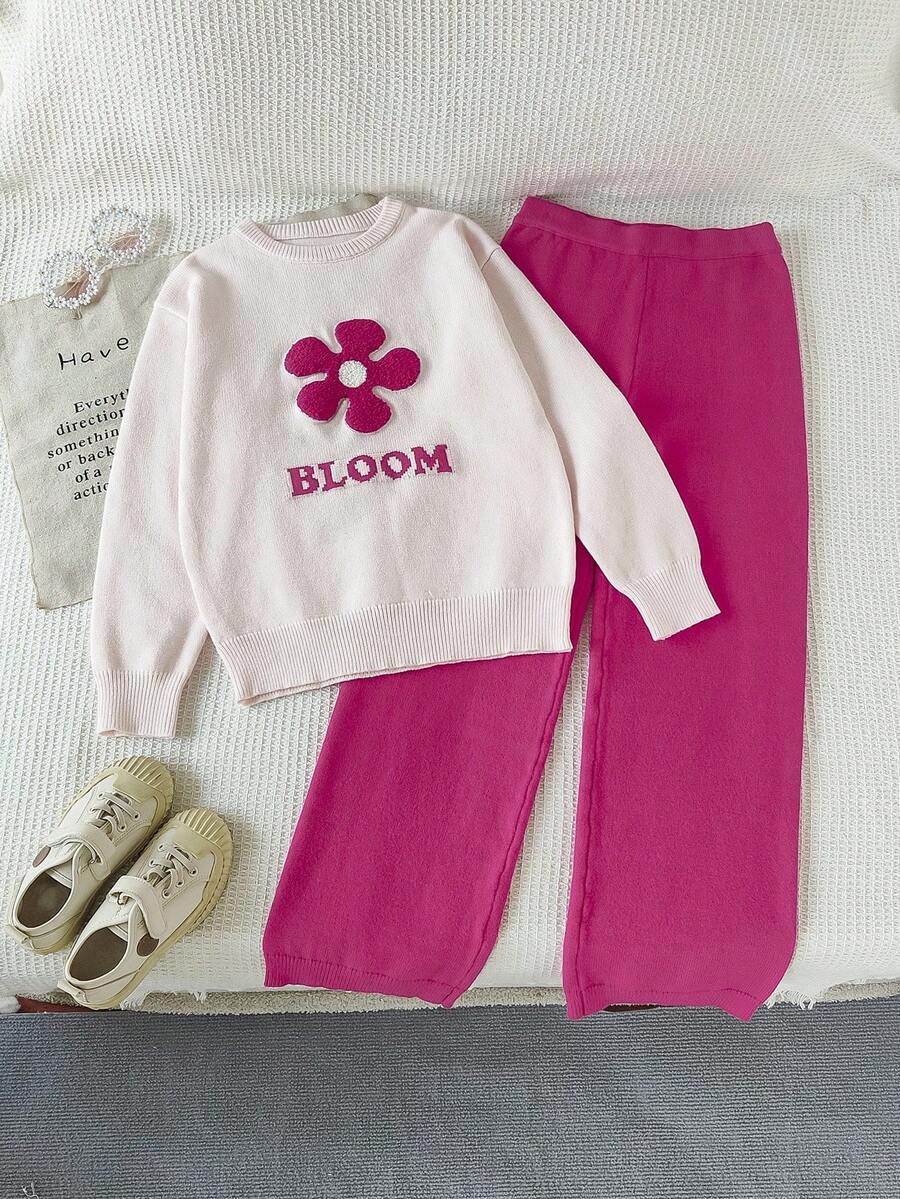 秋冬款女童字母花卉印花长袖毛衣和针织裤休闲套装 - 彩色 - 查看 1