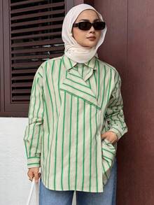 DAZY Tricou casual cu dungi largi 2 în 1 pentru femei, mânecă lungă, top modest la modă