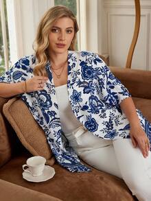 EMERY ROSE Plus Size Floral Print Open Front Kimono Summer - Blue and White - View 2