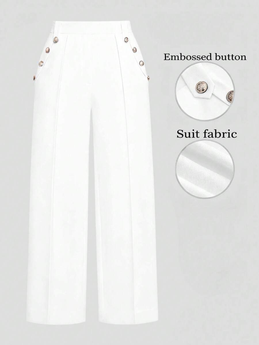 SHEIN CURVE+ Plus Size Women Loose Wide Leg Casual Business Suit Pants With Button Design - White - View 1