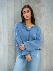 SAYEHFBABY 1pc Women Solid Color V-Neck Knit Long Sleeve Loose Pullover Sweatshirt,Long Sleeve Tops - Blue - View 6