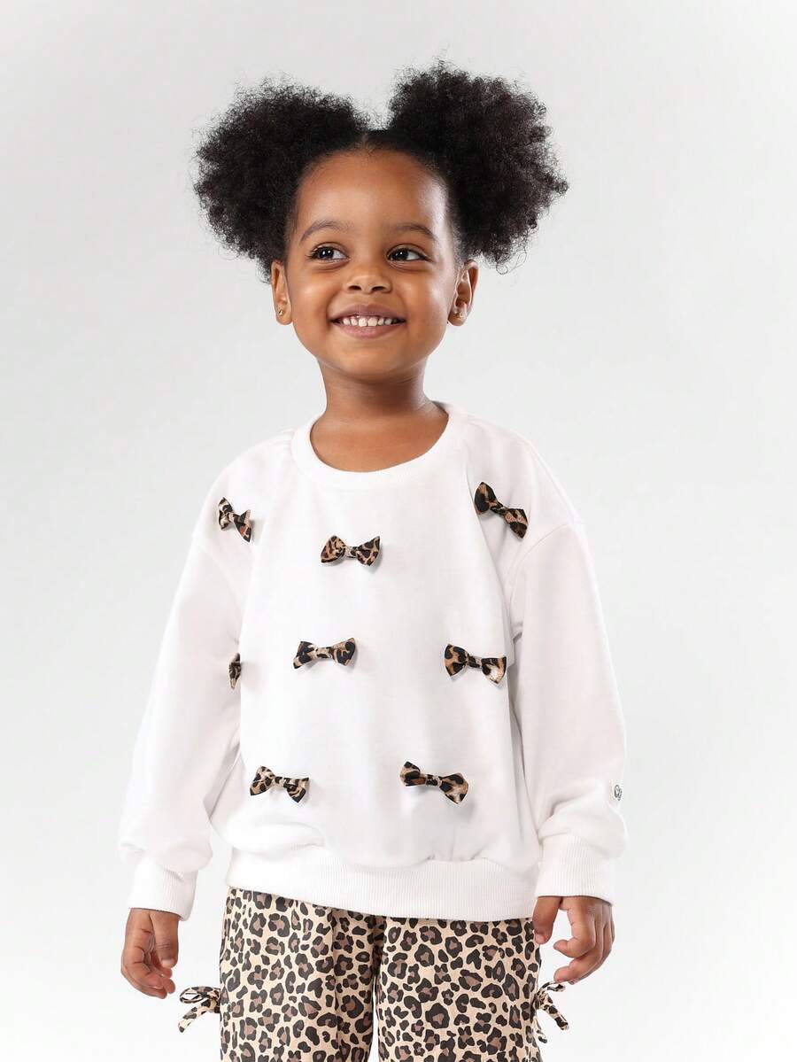 SUMWON Girls Leopard Print Bow Accent Sweatshirt Cute Animal Pattern Long Sleeve Pullover Fall Winter Casual Fashion Sweater - White - View 1