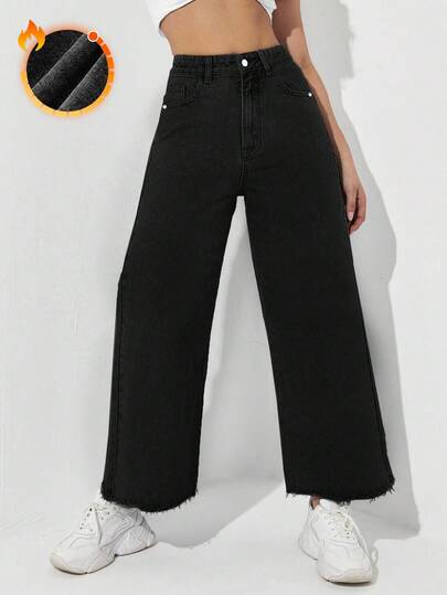 SHEIN ICON Winter Plus Size Women Black Slant Pocket Raw Hem Denim Jeans, Fashionable