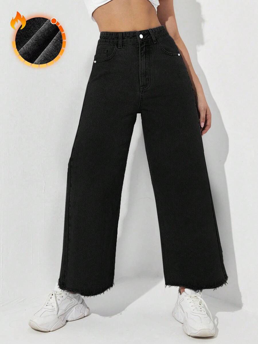 SHEIN EZwear 冬季加大码女式黑色斜插口袋毛边牛仔裤,时尚百搭 - 黑色 - 查看 1