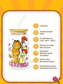 GARFIELD | SHEIN Taza de vidrio borosilicatado alto con estampado de gatos y perros de dibujos animados (incluido cepillo para limpiar la pajita), adecuada para bebidas frías y calientes, café, leche, jugo, etc.