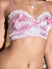 FairyFlirt Pink Satin Lace Patchwork Ruffled Bow Decor Underwire Bra, Sweet & Cute, Suitable For Outerwear