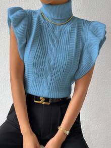 RosyDaze Women's Autumn/Winter High Collar Cable Pattern Ruffle Sleeve Knitted Vest - Blue - View 5