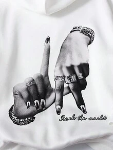 SHEIN Girlism 少女时尚街头风印花白色保暖连帽衫和打底裤套装，白色卫衣搭配黑色打底裤，黑白配色，适合秋冬季节、休闲穿着、日常及户外活动 - 黑與白 - 查看 5