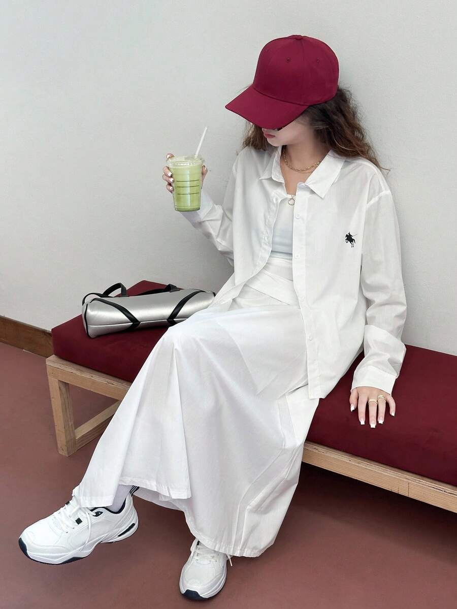 少女骑士印花长袖纽扣衬衫和迷你裙休闲套装 - 白色 - 查看 1