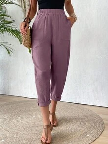 EMERY ROSE Pantaloni de damă din bumbac, cu talie elastică, culoare solidă, cu buzunar, casual