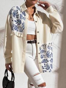 ZIRRA Women's Fall Holiday Plant Print Dropped Shoulder Long Sleeve Tassel Loose Shirt