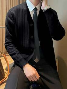 Manfinity Mode Men's Solid Color Long Sleeve Single-Breasted Ribbed Casual Knit Cardigan, Autumn - Black - View 3