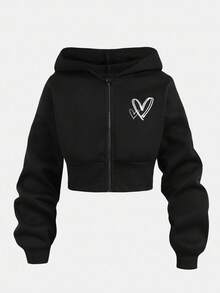 SHEIN Tween 女童秋冬黑色连帽宽松短款保暖内衬拉链连帽衫和运动裤两件套服装，带心形印花的休闲街头服饰