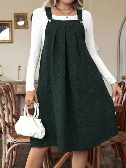 Nubod Plus Size Sleeveless Pinafore Dress With Metal Buckle Decor, Front Pleated Knee-Length Casual Dress