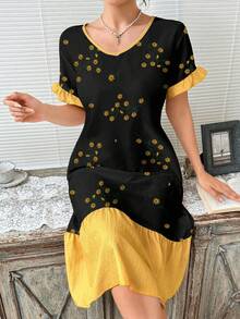 CottageSlumber Contrast Color Ruffle Hem Floral Print V-Neck Short Sleeve Nightgown - Black - View 7