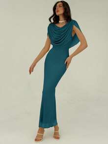 Aloruh Women's Solid Color Pleated Fitted Elegant Long Dress - Teal Blue - View 7