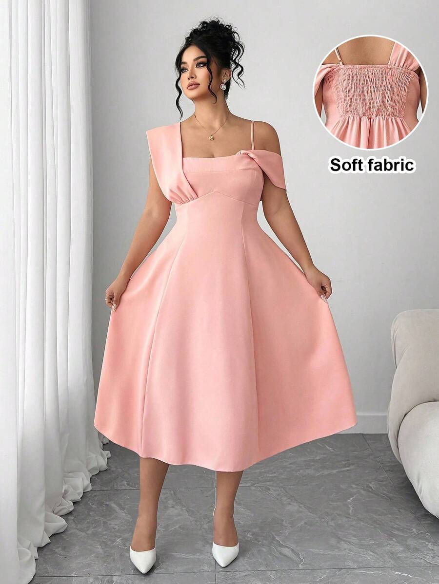 Elenzga Đầm ngắn dáng ôm độc đáo, thanh lịch dành cho nữ cỡ lớn, dây đeo bất đối xứng, màu trơn. - Hồng - Xem 1