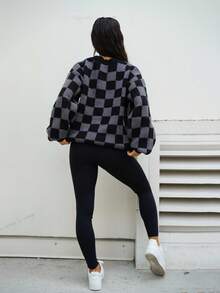 SAYEHFBABY Checkerboard Pattern Casual Cardigan Sweater For Women,Long Sleeve Tops,Fall Clothes - Black - View 2