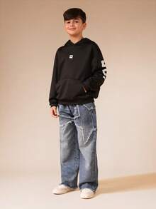 SUMWON Distressed Wide Leg Denim Jeans Vintage Style Frayed Hem Raw Edge Detail Baggy Fit Everyday Casual Winter Fashion Bottoms Streetwear - Blue - View 3