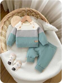 SHEIN Newborn Leisure Versatile Fashionable Cute Sweater Set, Half Cardigan Top + Sweater, Pants, Knitted Knitted Suit Fall Winter - Green - View 1