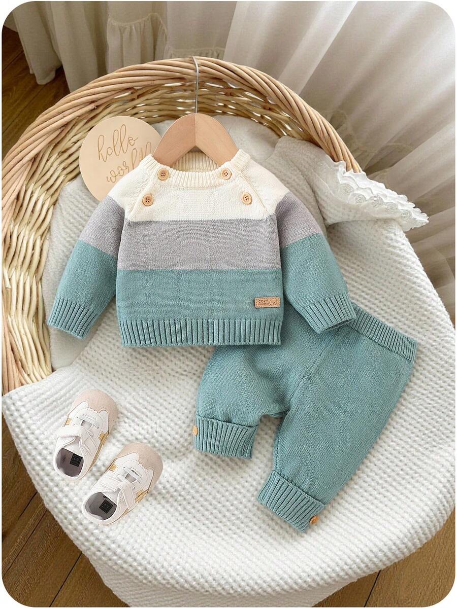 SHEIN Newborn Leisure Versatile Fashionable Cute Sweater Set, Half Cardigan Top + Sweater, Pants, Knitted Knitted Suit Fall Winter - Green - View 1