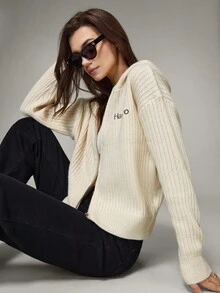 Hanevo Women's Letter Pattern Long Sleeve Zip-Up Casual Hooded Cardigan, Autumn/Winter - Apricot - View 7