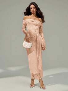 Modelyn Women's Floral Lace Ruffle Off-Shoulder Long Sleeve Twist Waist Fitted Dress, Elegant - Baby Pink - View 7