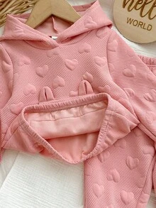 Babygirl Cute Casual Pink Heart & Cartoon Pattern Hoodie Set, Autumn/Winter - Pink - View 8