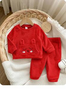 Completo da bambina con top a maniche lunghe con motivo carino e morbido e pantaloni a vita elastica, outfit rosso autunnale/invernale, abbigliamento invernale per bambine, set da 2 pezzi, abbigliamento invernale in pile - Rosso - Visualizzare 9