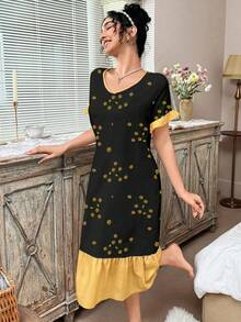 CottageSlumber Contrast Color Ruffle Hem Floral Print V-Neck Short Sleeve Nightgown - Black - View 3