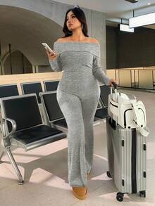 SHEIN EZwear Conjunto de 2 piezas de talla grande, informal y para el hogar, minimalista, con hombros descubiertos y acanalado - Gris Claro - Ver 6