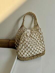 1个金银手工编织手提袋（带内袋），手提包，沙滩手提编织包。适合外出、度假、校园、日常通勤。是送给朋友、家人和女朋友的理想礼物。 - 彩色 - 查看 1
