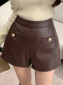 DAZY Celana Pendek Wanita PU Polos Elegan dengan Rivet dan Kantong Imitasi - Coffee Brown - View 4