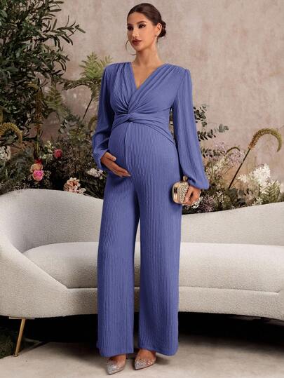 SHEIN Maternity Solid Color V-Neck Lantern Sleeve Twist Waist Wide Leg Elegant Jumpsuit Long Sleeve Jumpsuit Pregnancy Clothing Maternity Rompers Maternity Jumpsuits For Woman Maternity Clothes
