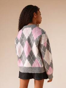 SUMWON 经典菱形针织毛衣女童长袖冬季假日套头毛衣粉色灰色白色菱形图案校园时尚舒适保暖休闲套头衫 - 彩色 - 查看 3