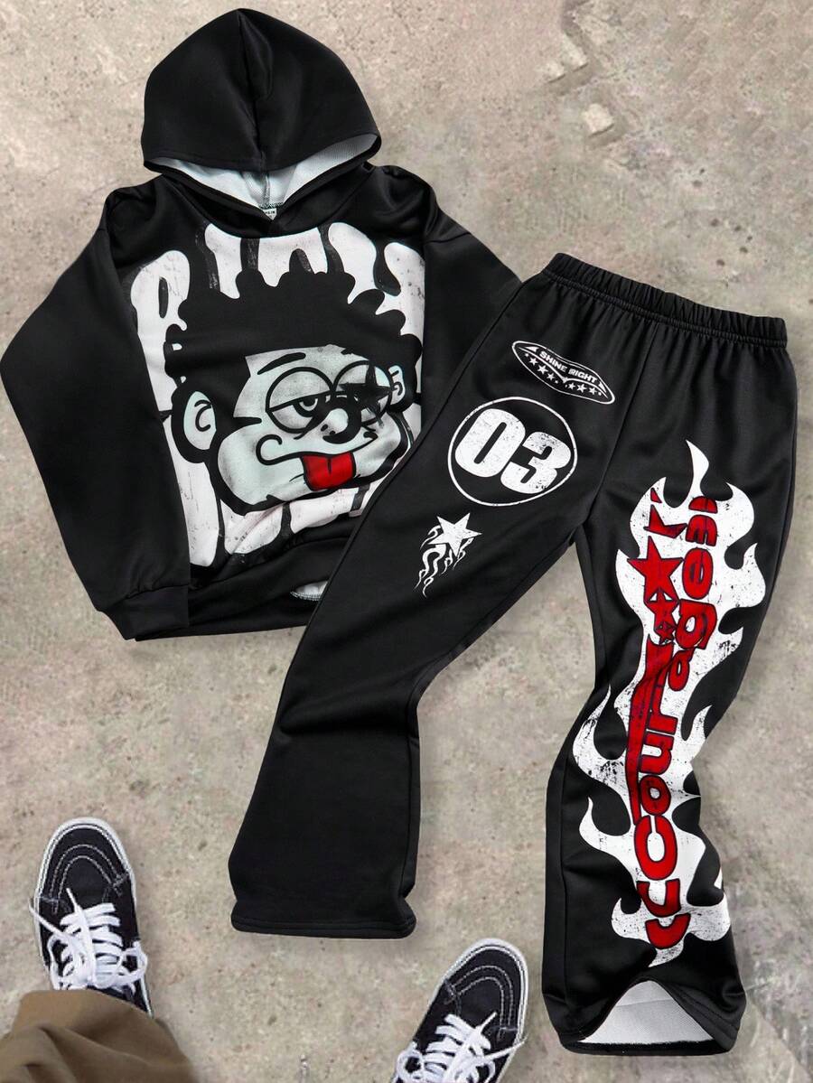 SHEIN 2 件套青少年男孩休闲 Rich Soon 文字和人物印花长袖连帽运动衫和梭织工装裤运动服套装,适合外出、聚会和上学 - 紅色 - 查看 1