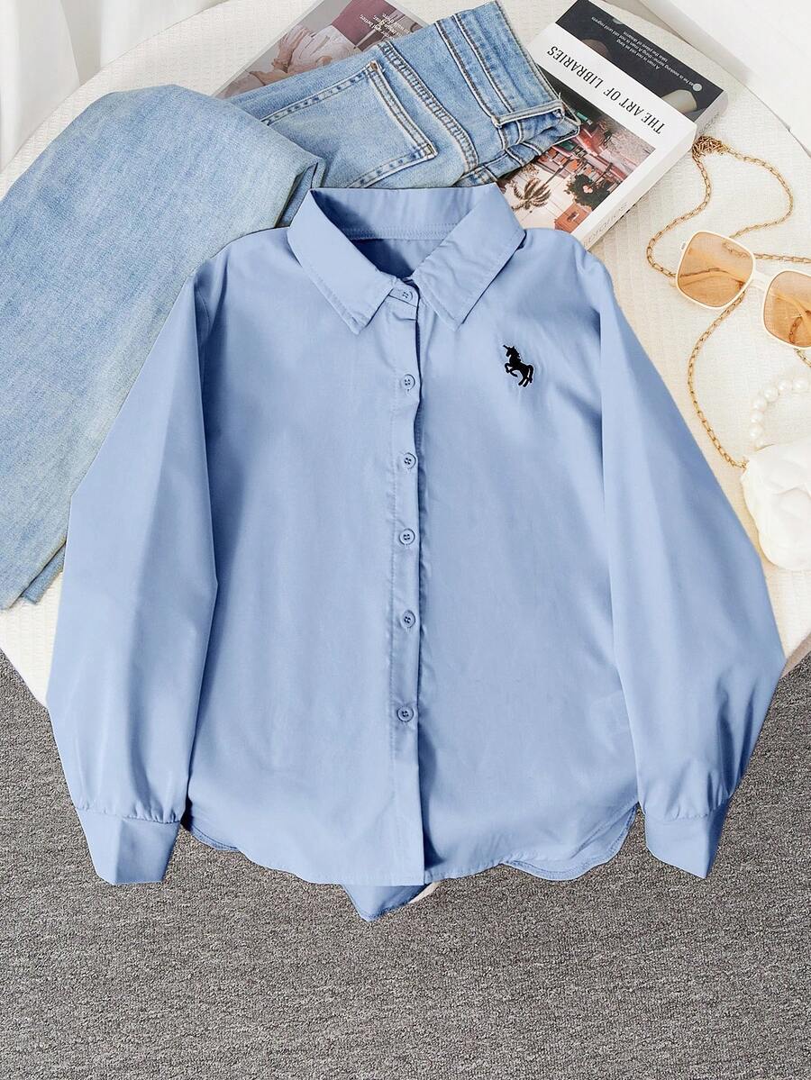 Sparklyn 青少年女孩刺绣纽扣前休闲长袖衬衫 - 藍色 - 查看 1