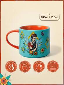 Frida Kahlo X SHEIN 480 Ml Cute Floral & Figure Graphic Ceramic Mug,Summer Outfits, Spring Outfits,Beach, Vacation, Flower