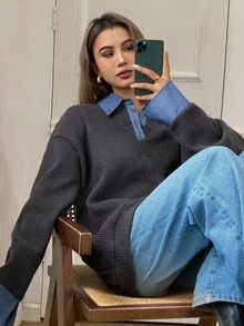 DAZY Women's Contrast Texture Loose Long Sleeve Pullover Sweater, Casual Street Style Fall/Winter - Grey - View 2