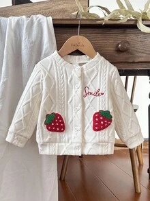 Vintaside Kids Baby Girls' Jacket With Embroidered Letter & Strawberry Pattern, Textured Fabric, Comfortable & Soft, Countryside Style, Fashion & Versatile, Elegant For Outings, Suitable For Spring, Autumn & Transitional Seasons - White - View 1