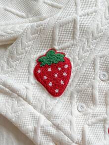 Vintaside Kids Baby Girls' Jacket With Embroidered Letter & Strawberry Pattern, Textured Fabric, Comfortable & Soft, Countryside Style, Fashion & Versatile, Elegant For Outings, Suitable For Spring, Autumn & Transitional Seasons - White - View 9