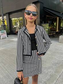 SHEIN Tween Girl Urban Chic Houndstooth Print Long Sleeve Jacket And Bodycon Skirt Set, Back To School, Student, Graduation Fall Winter