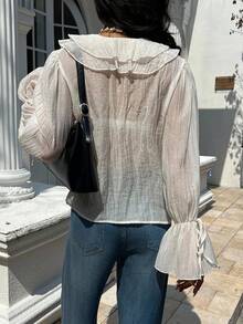 SHEIN Frenchy Women's Solid Color Ruffle Patchwork Floral Decor Fashion Blouse