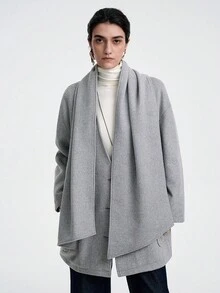 SHEIN LUNE 女士优雅、休闲、奢华宽松中长款羊毛混纺大衣，适合派对、万圣节、圣诞节、新年、感恩节 - 淺灰色 - 查看 4