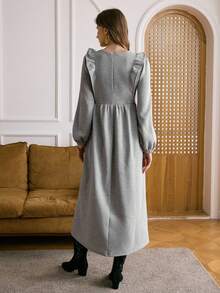 女士灰色圆领荷叶边长袖休闲西部秋季连衣裙“LanaWest” - 灰色 - 查看 2