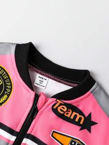 SHEIN Young Girls' Colorblock Letter Print Cropped Long Sleeve Loose Stand Collar Zip-Up Bomber Jacket, Suitable For Autumn - Multicolor - View 3