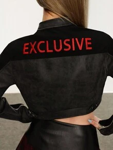 Rina Fox 2025 جاكيت نسائية موضة الرقعة المطرزة، طراز الشارع الجامعي - الأسود - مشاهدة 4