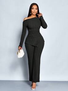 SOLERSUN Autumn And Winter Women's Clothing Casual Daily Commuting Brown Knitted Textured Fabric Long Sleeve Off-Shoulder Collar Gathered Side Slits Top Fit Sexy Flared Pants Suit Two Pieces Set